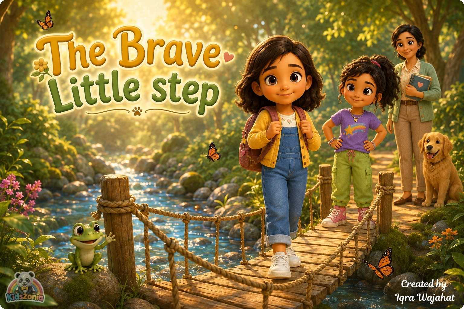 Maya crossing a small rope bridge with support, showing courage, confidence, and brave little steps.