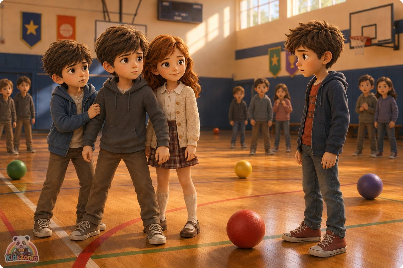 A soft 3D storybook-style illustration of Oliver, a quiet boy holding his sketchbook, sitting with Sofia and classmates in a warm classroom setting, symbolizing kindness, friendship, empathy, and helping someone feel seen.