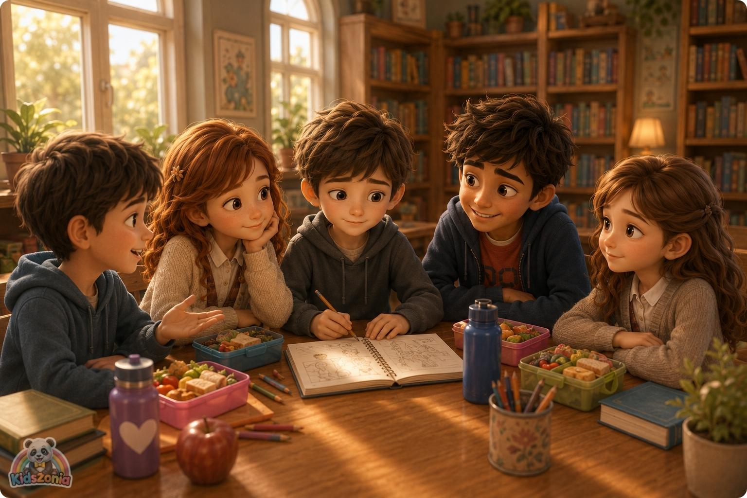 A soft 3D storybook-style illustration of Oliver, a quiet boy holding his sketchbook, sitting with Sofia and classmates in a warm classroom setting, symbolizing kindness, friendship, empathy, and helping someone feel seen.