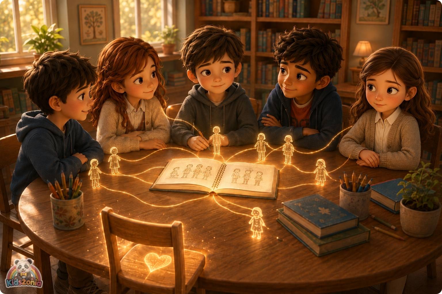 A soft 3D storybook-style illustration of Oliver, a quiet boy holding his sketchbook, sitting with Sofia and classmates in a warm classroom setting, symbolizing kindness, friendship, empathy, and helping someone feel seen.