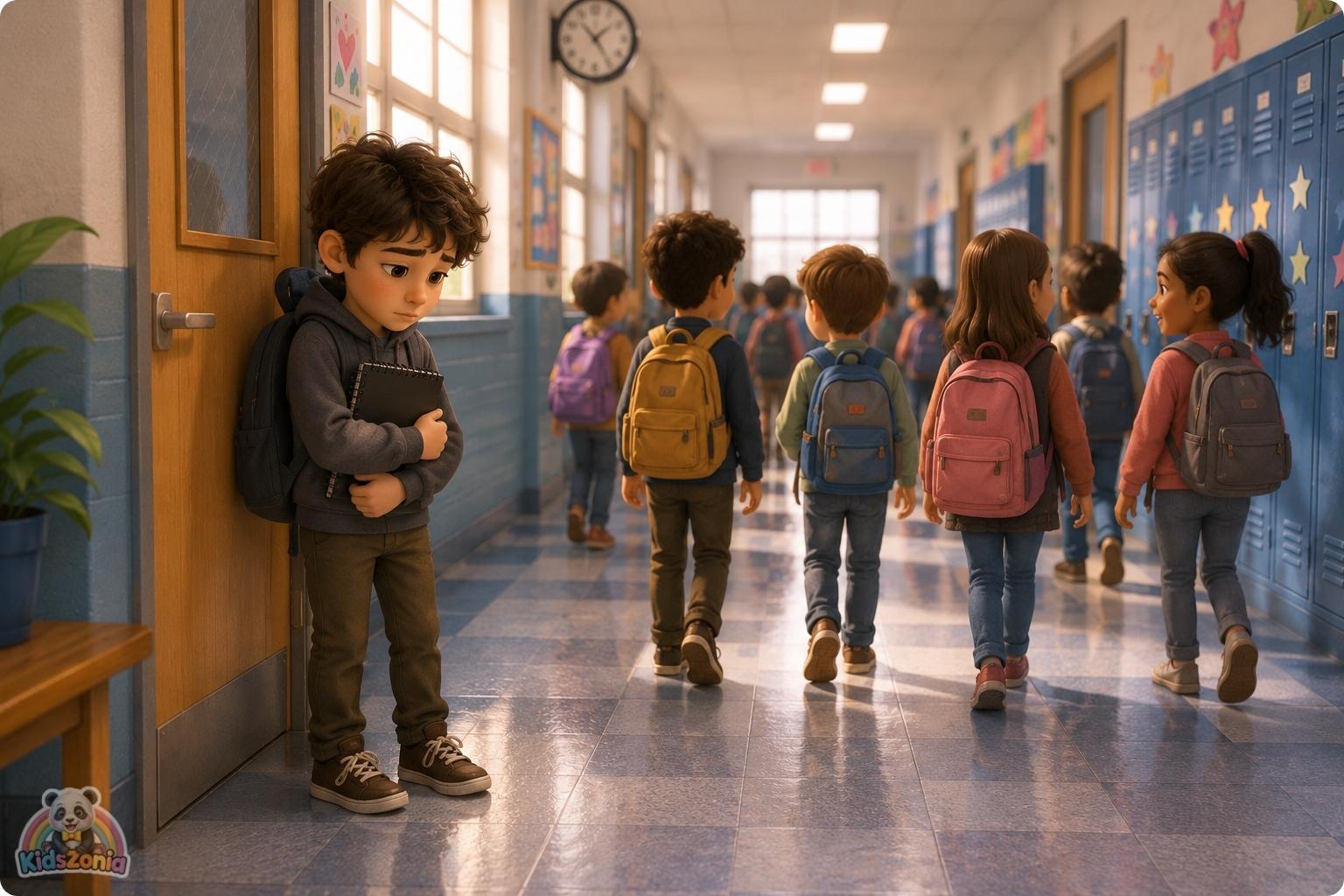 A soft 3D storybook-style illustration of Oliver, a quiet boy holding his sketchbook, sitting with Sofia and classmates in a warm classroom setting, symbolizing kindness, friendship, empathy, and helping someone feel seen.