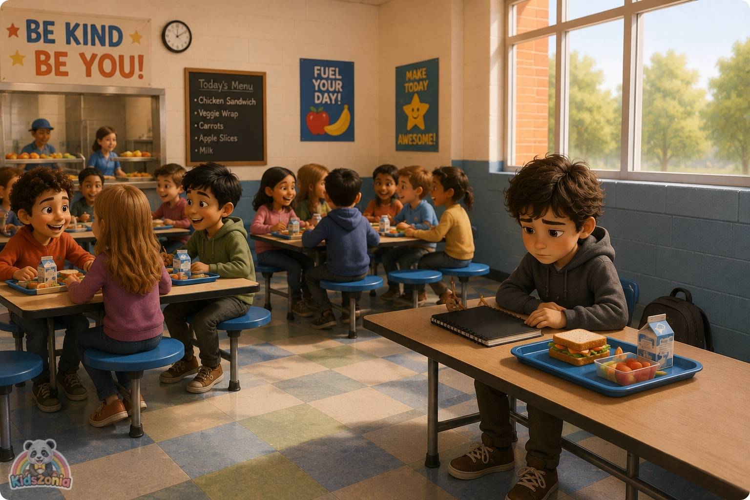 A soft 3D storybook-style illustration of Oliver, a quiet boy holding his sketchbook, sitting with Sofia and classmates in a warm classroom setting, symbolizing kindness, friendship, empathy, and helping someone feel seen.