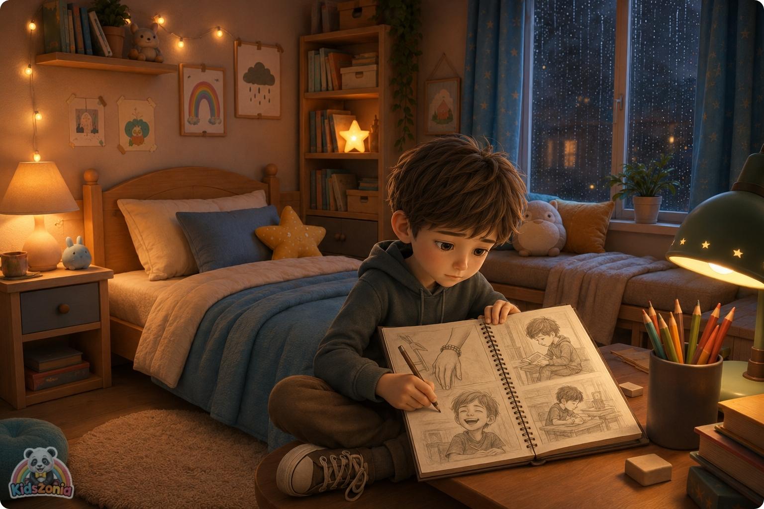 A soft 3D storybook-style illustration of Oliver, a quiet boy holding his sketchbook, sitting with Sofia and classmates in a warm classroom setting, symbolizing kindness, friendship, empathy, and helping someone feel seen.