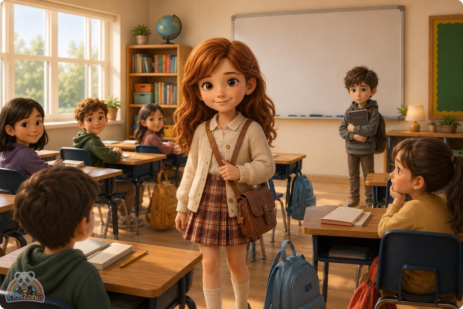 A soft 3D storybook-style illustration of Oliver, a quiet boy holding his sketchbook, sitting with Sofia and classmates in a warm classroom setting, symbolizing kindness, friendship, empathy, and helping someone feel seen.
