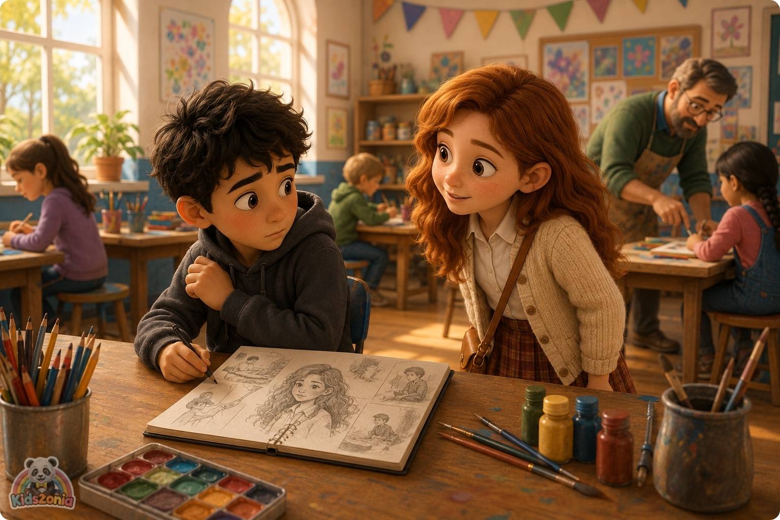 A soft 3D storybook-style illustration of Oliver, a quiet boy holding his sketchbook, sitting with Sofia and classmates in a warm classroom setting, symbolizing kindness, friendship, empathy, and helping someone feel seen.