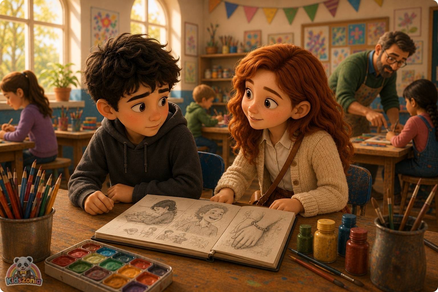 A soft 3D storybook-style illustration of Oliver, a quiet boy holding his sketchbook, sitting with Sofia and classmates in a warm classroom setting, symbolizing kindness, friendship, empathy, and helping someone feel seen.