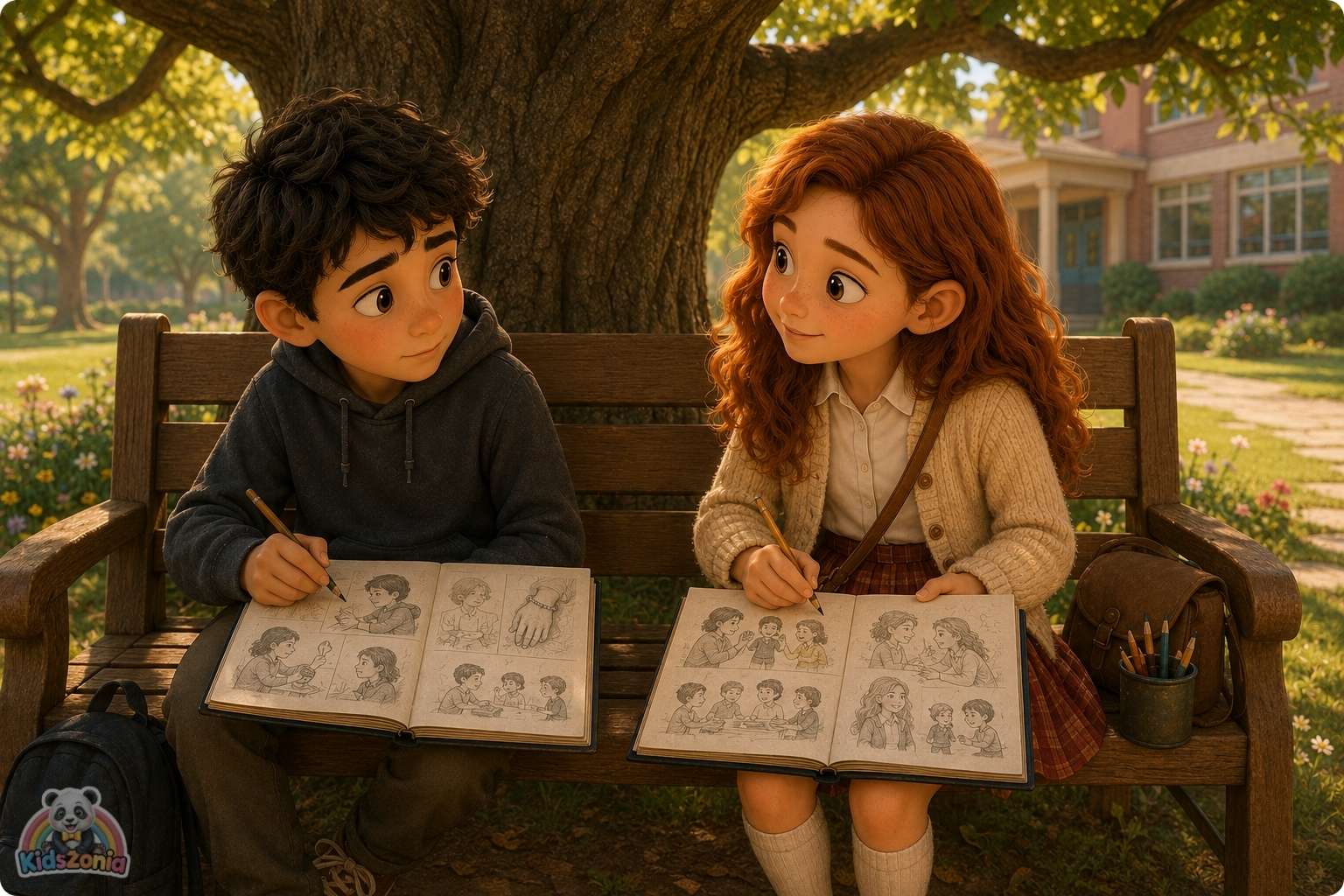 A soft 3D storybook-style illustration of Oliver, a quiet boy holding his sketchbook, sitting with Sofia and classmates in a warm classroom setting, symbolizing kindness, friendship, empathy, and helping someone feel seen.