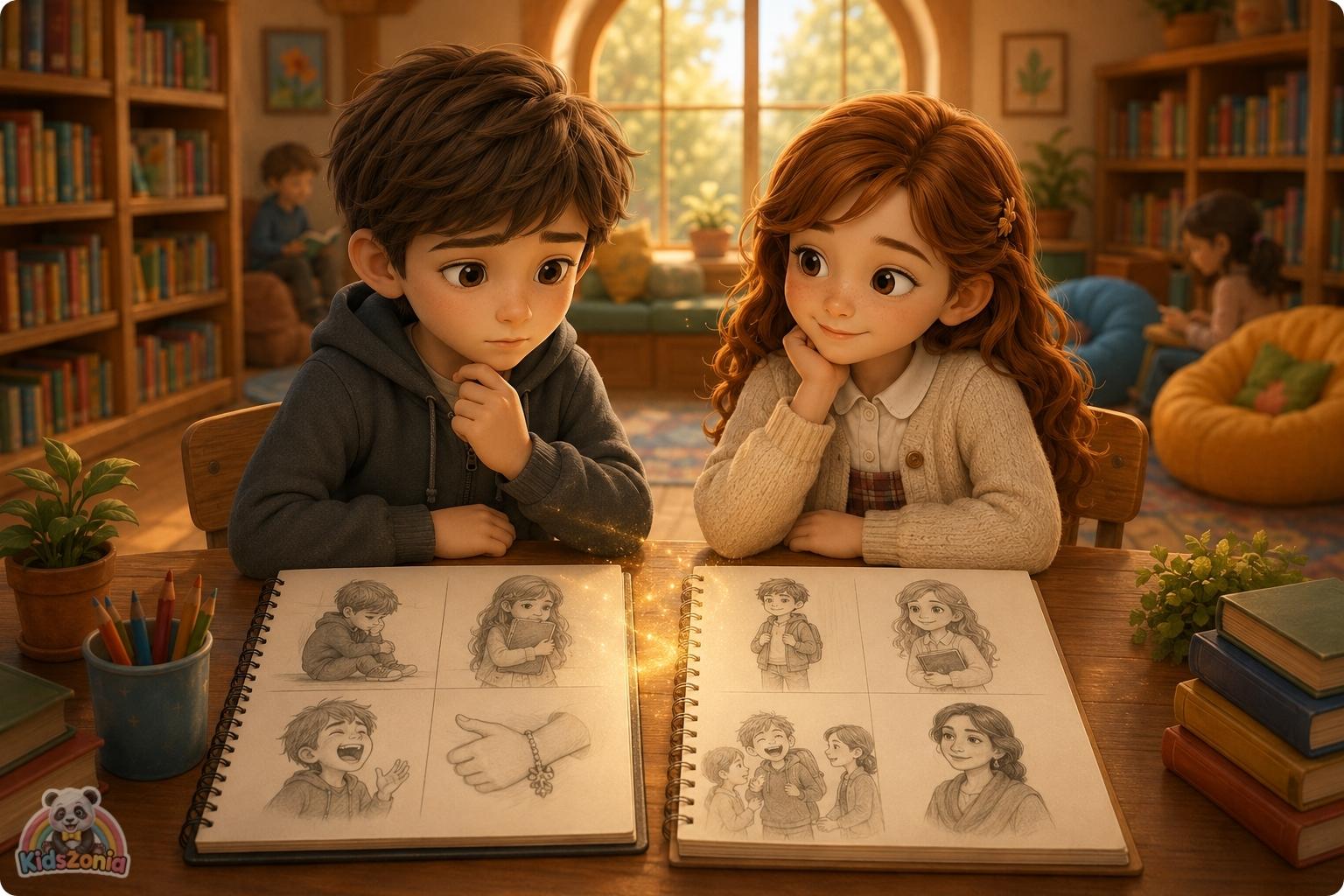 A soft 3D storybook-style illustration of Oliver, a quiet boy holding his sketchbook, sitting with Sofia and classmates in a warm classroom setting, symbolizing kindness, friendship, empathy, and helping someone feel seen.