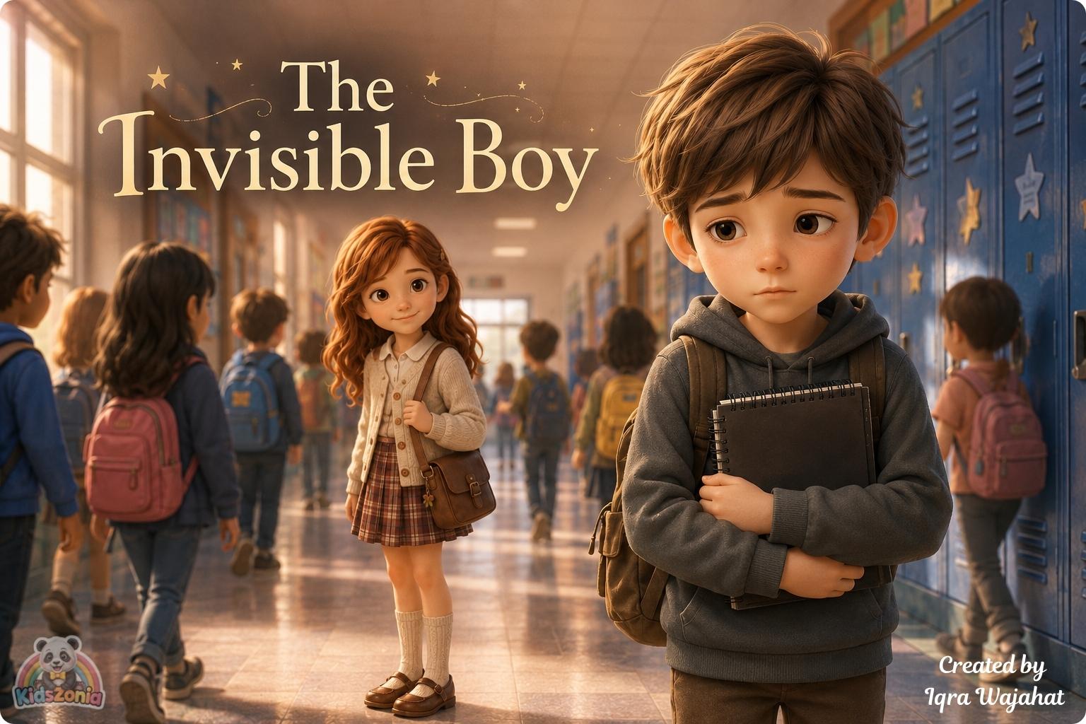 A soft 3D storybook-style illustration of Oliver, a quiet boy holding his sketchbook, sitting with Sofia and classmates in a warm classroom setting, symbolizing kindness, friendship, empathy, and helping someone feel seen.