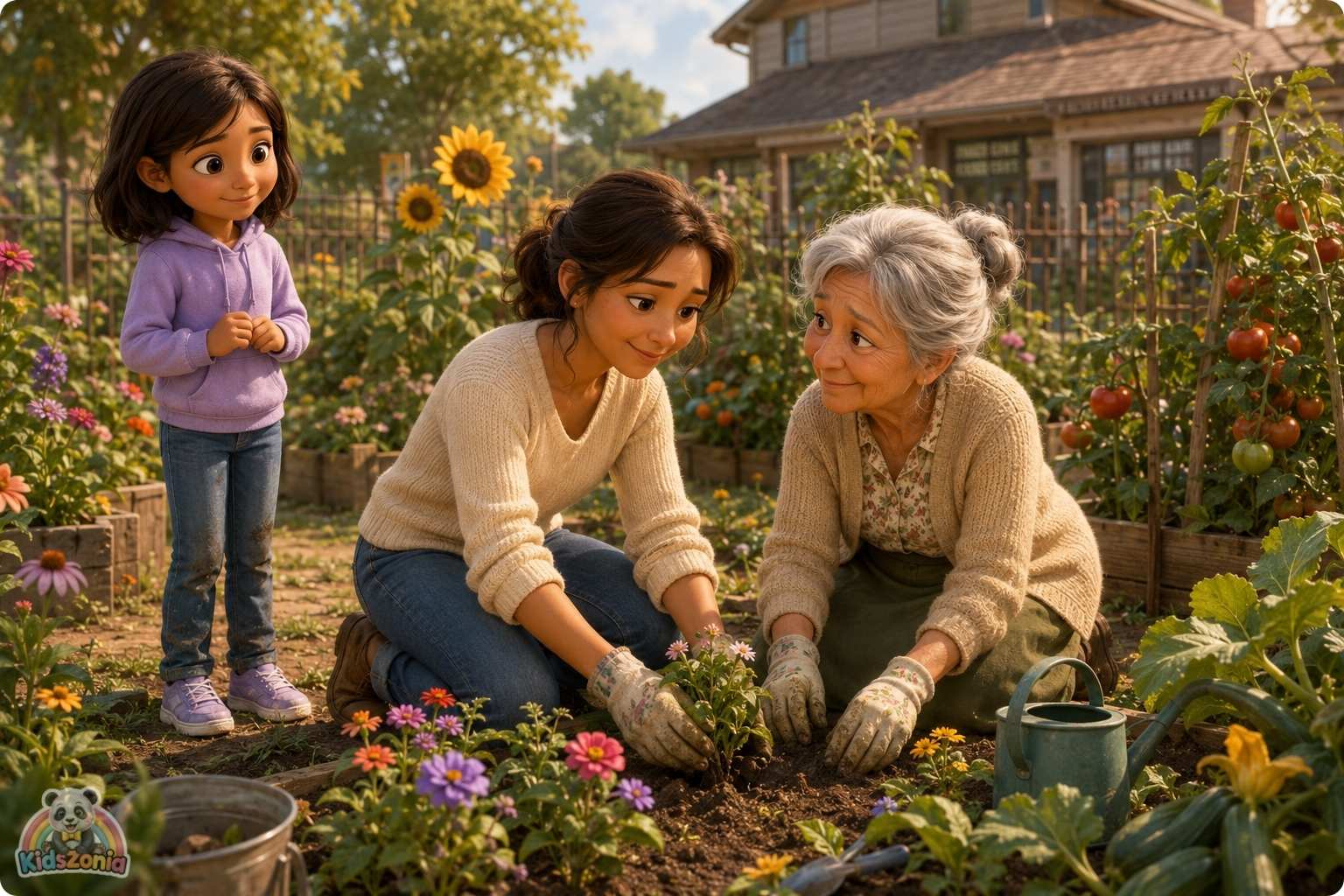 Maya helping friends in a blooming community garden, showing kindness, empathy, healing, and community care.
