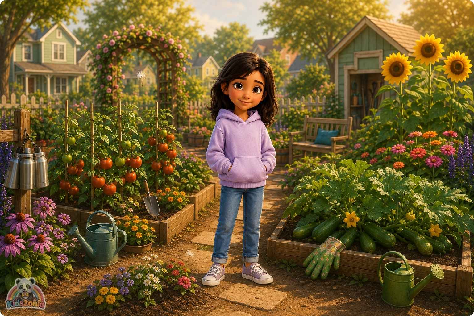 Maya helping friends in a blooming community garden, showing kindness, empathy, healing, and community care.