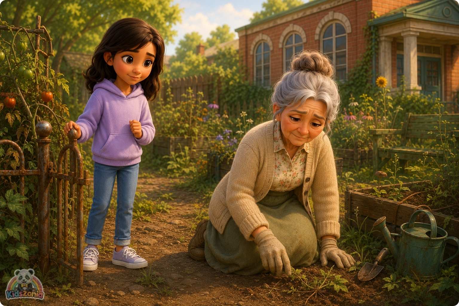 Maya helping friends in a blooming community garden, showing kindness, empathy, healing, and community care.