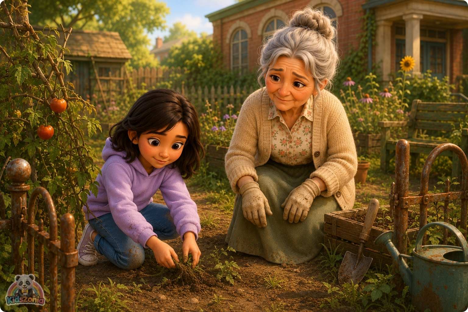 Maya helping friends in a blooming community garden, showing kindness, empathy, healing, and community care.