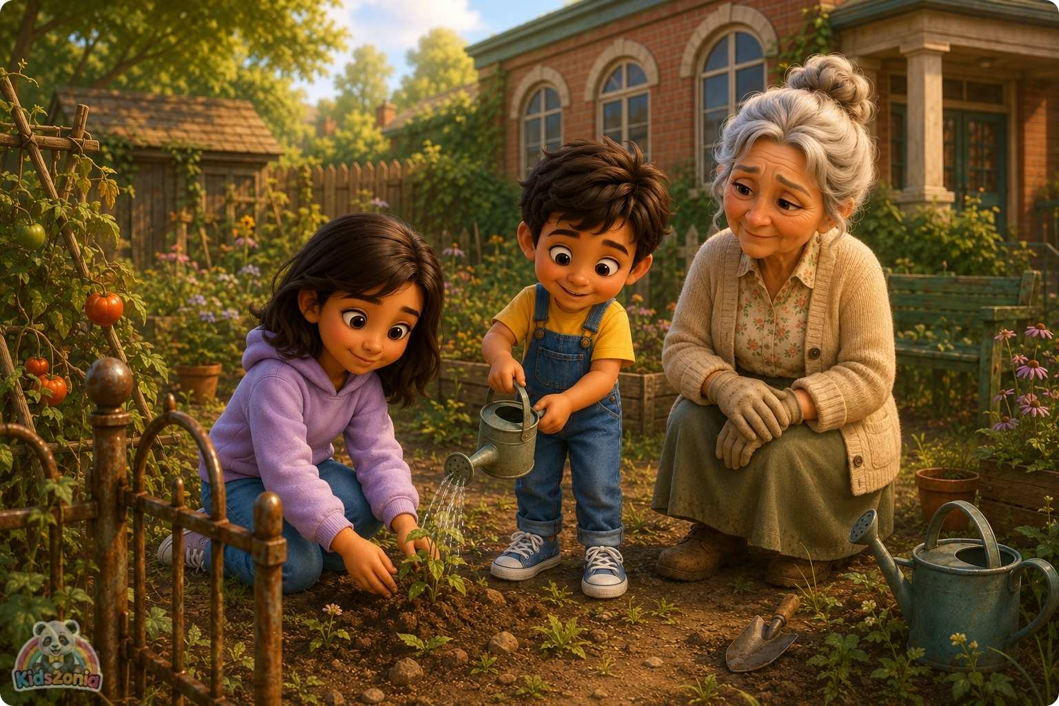 Maya helping friends in a blooming community garden, showing kindness, empathy, healing, and community care.