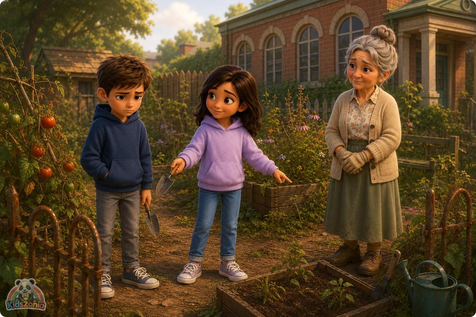 Maya helping friends in a blooming community garden, showing kindness, empathy, healing, and community care.