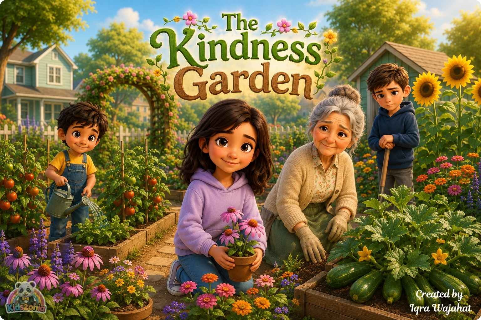 Maya helping friends in a blooming community garden, showing kindness, empathy, healing, and community care.