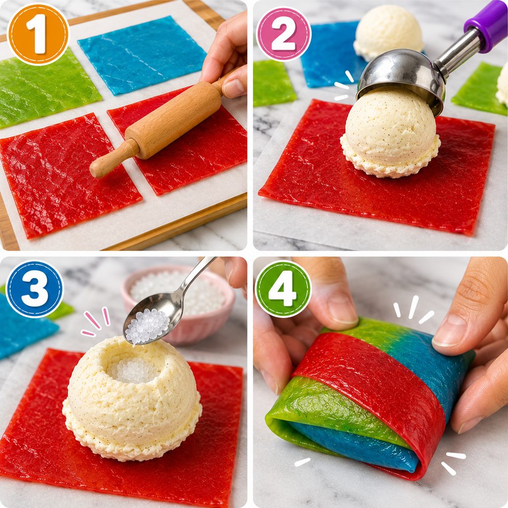 fruit roll up ice cream sandwiches, fruit roll up ice cream, ice cream sandwich recipe, frozen dessert for kids, sour center ice cream, viral dessert recipe, easy kids dessert, fruit roll up dessert