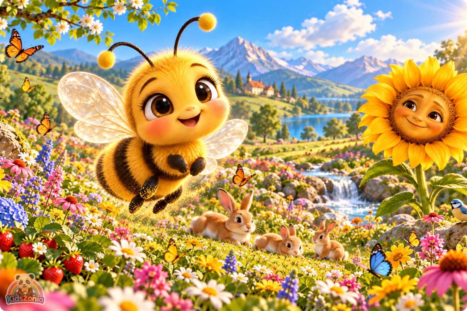 Bibi the little honeybee flying through a colorful blooming meadow beside a friendly sunflower and golden beehive in The Little Bee Who Thought Her Job Was Too Small.