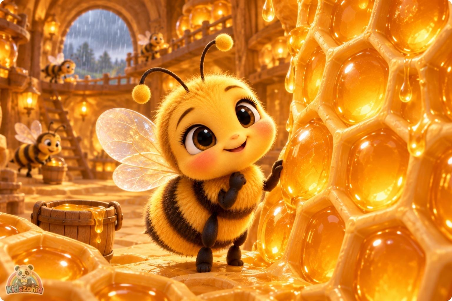 Bibi the little honeybee flying through a colorful blooming meadow beside a friendly sunflower and golden beehive in The Little Bee Who Thought Her Job Was Too Small.