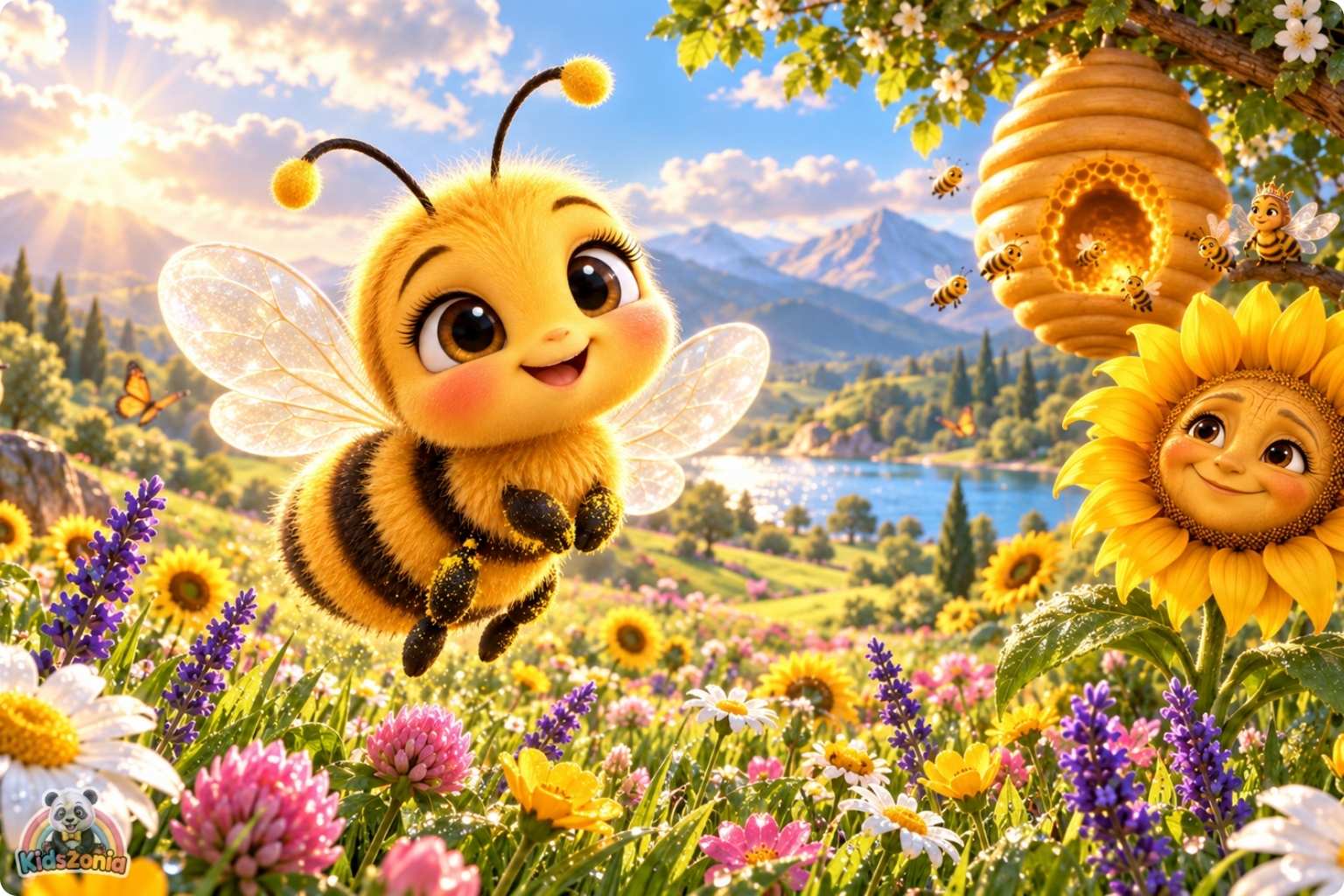 Bibi the little honeybee flying through a colorful blooming meadow beside a friendly sunflower and golden beehive in The Little Bee Who Thought Her Job Was Too Small.