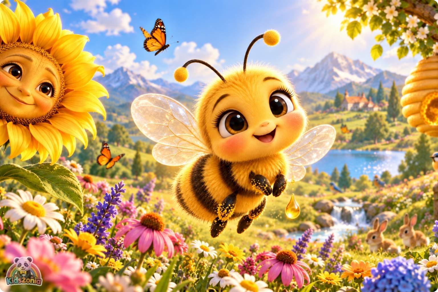 Bibi the little honeybee flying through a colorful blooming meadow beside a friendly sunflower and golden beehive in The Little Bee Who Thought Her Job Was Too Small.