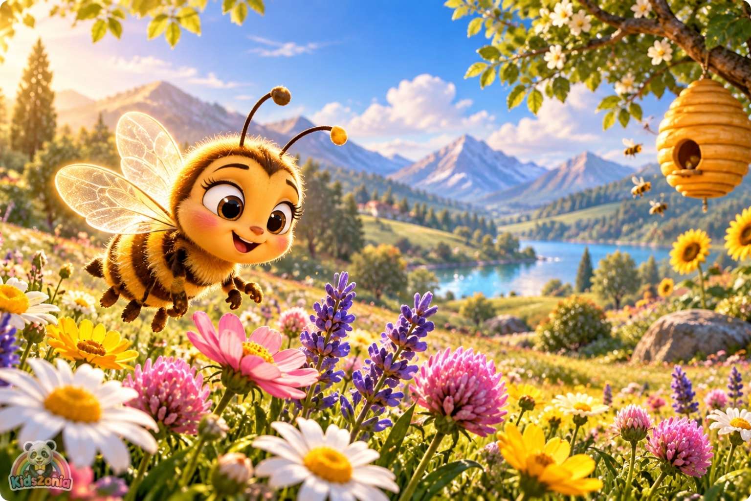 Bibi the little honeybee flying through a colorful blooming meadow beside a friendly sunflower and golden beehive in The Little Bee Who Thought Her Job Was Too Small.