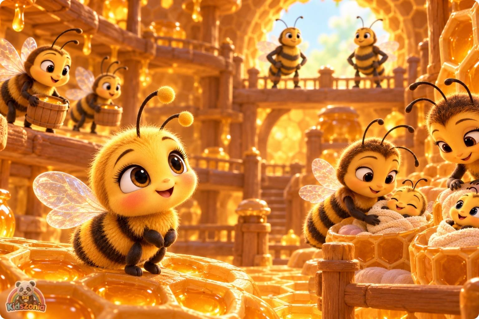 Bibi the little honeybee flying through a colorful blooming meadow beside a friendly sunflower and golden beehive in The Little Bee Who Thought Her Job Was Too Small.