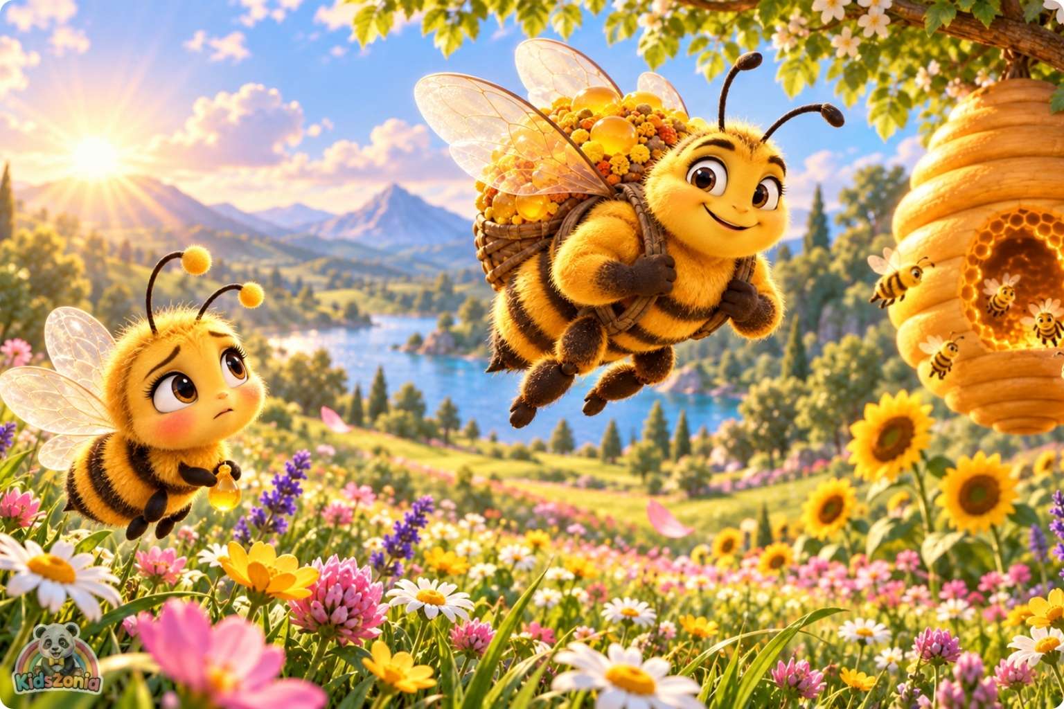 Bibi the little honeybee flying through a colorful blooming meadow beside a friendly sunflower and golden beehive in The Little Bee Who Thought Her Job Was Too Small.
