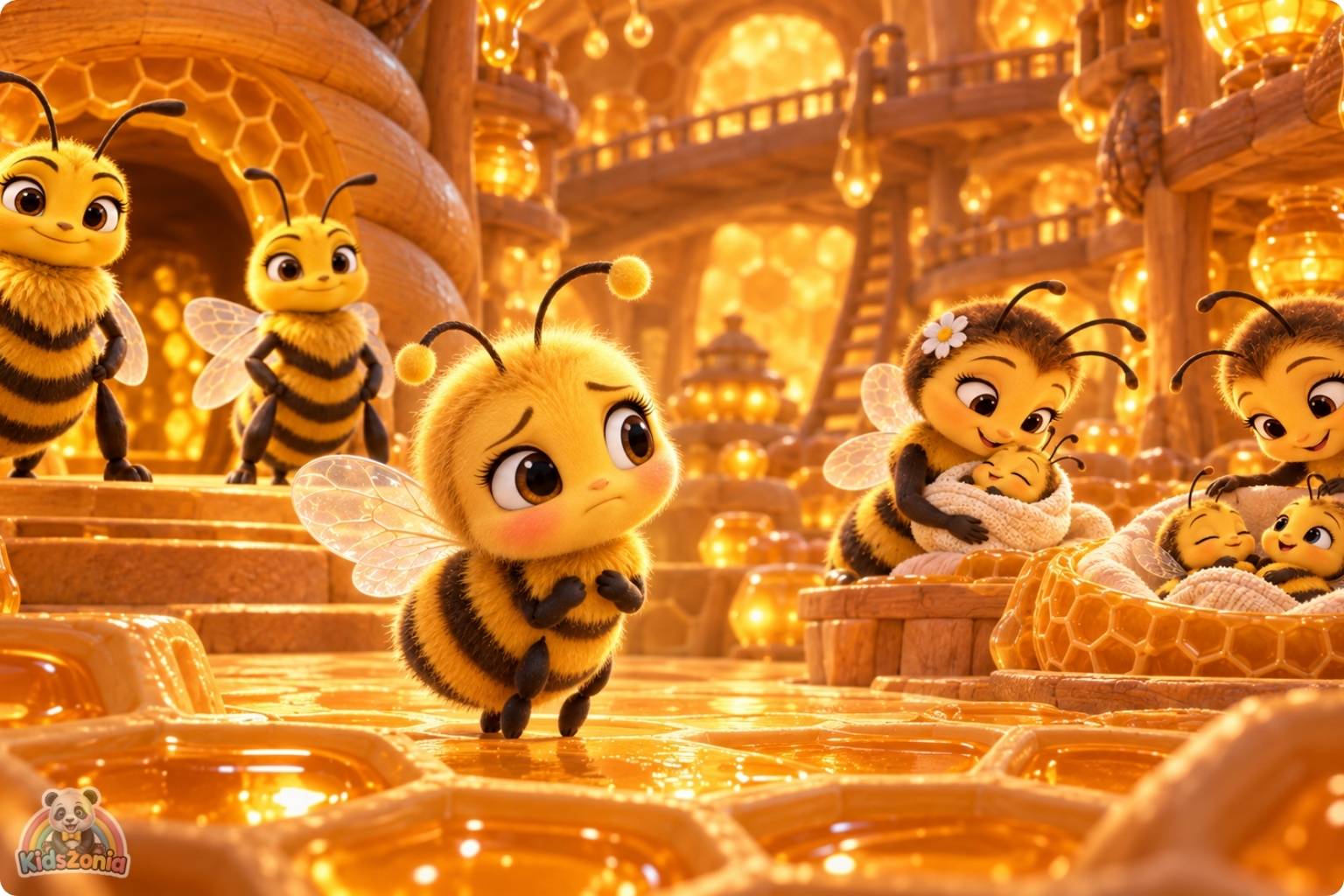 Bibi the little honeybee flying through a colorful blooming meadow beside a friendly sunflower and golden beehive in The Little Bee Who Thought Her Job Was Too Small.