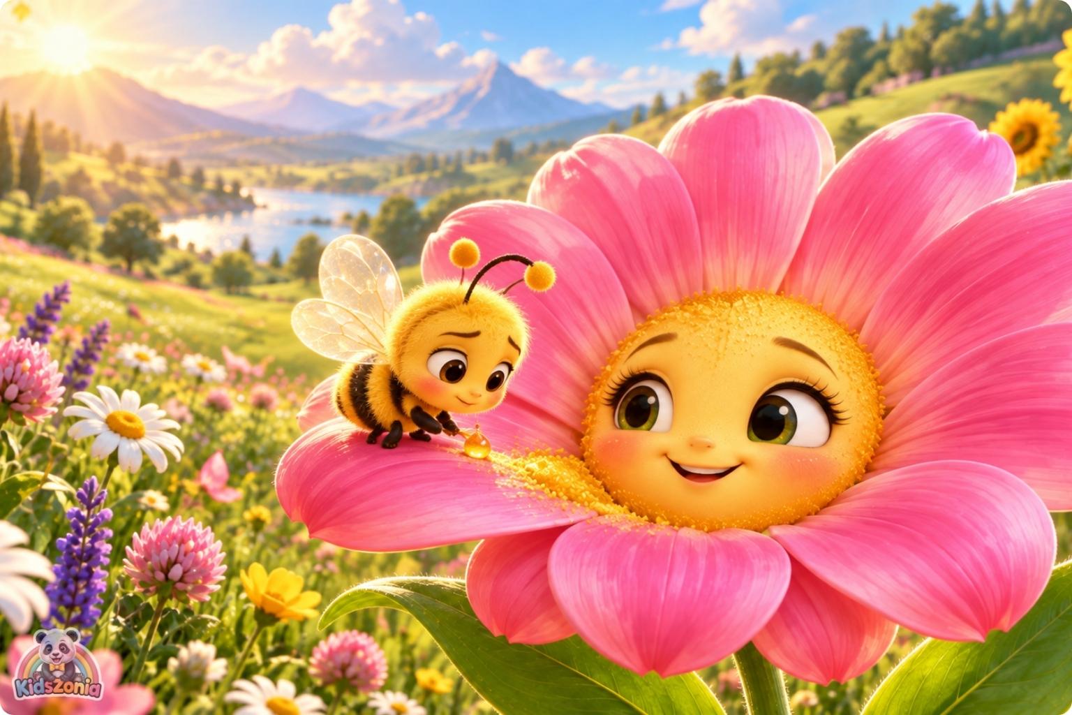 Bibi the little honeybee flying through a colorful blooming meadow beside a friendly sunflower and golden beehive in The Little Bee Who Thought Her Job Was Too Small.