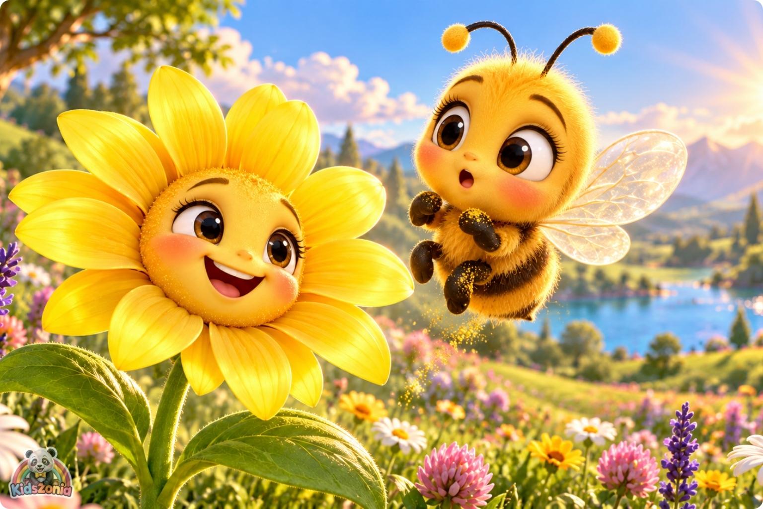 Bibi the little honeybee flying through a colorful blooming meadow beside a friendly sunflower and golden beehive in The Little Bee Who Thought Her Job Was Too Small.