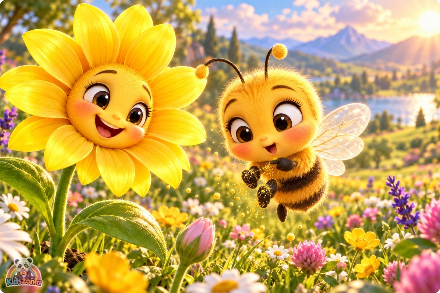 Bibi the little honeybee flying through a colorful blooming meadow beside a friendly sunflower and golden beehive in The Little Bee Who Thought Her Job Was Too Small.