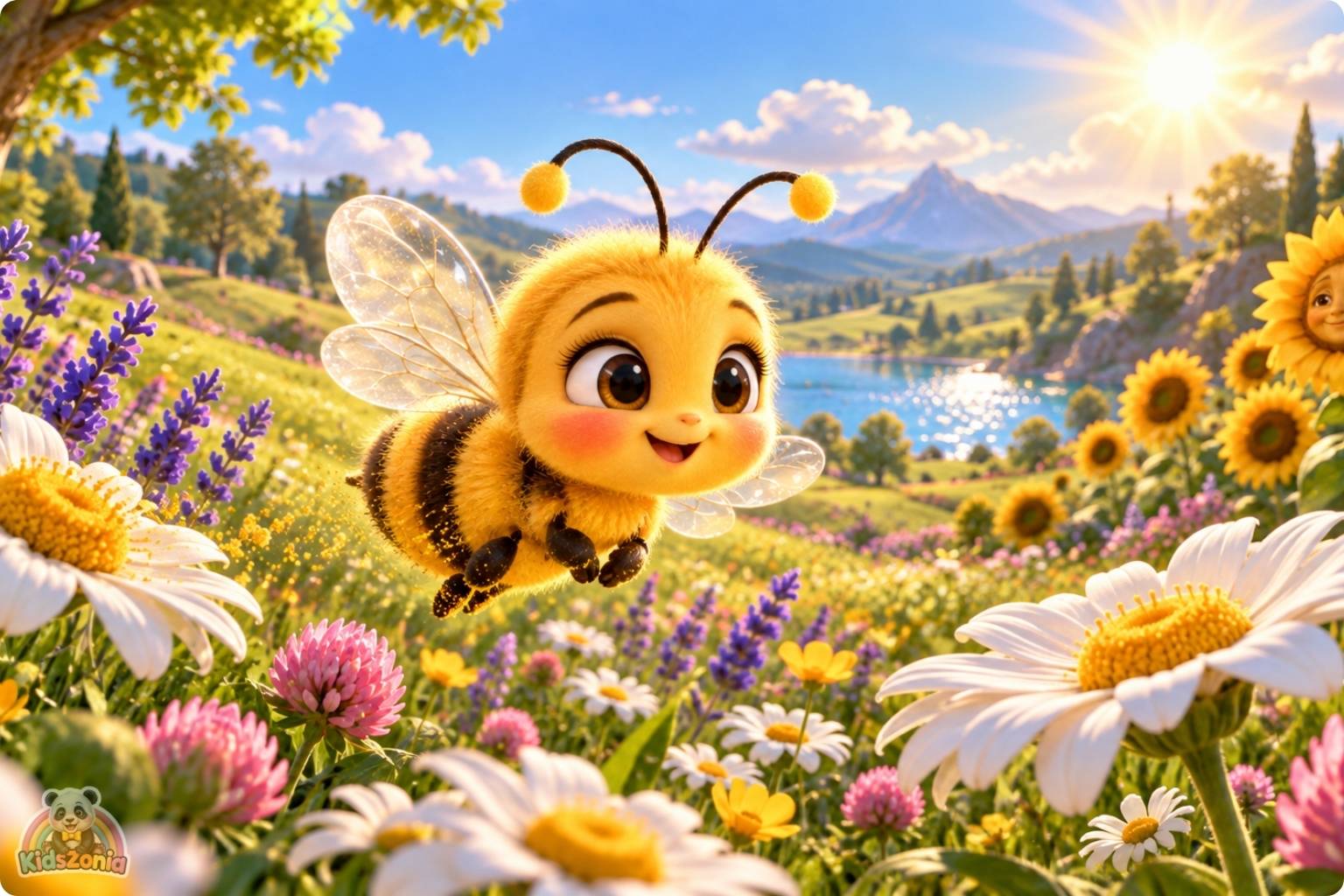 Bibi the little honeybee flying through a colorful blooming meadow beside a friendly sunflower and golden beehive in The Little Bee Who Thought Her Job Was Too Small.