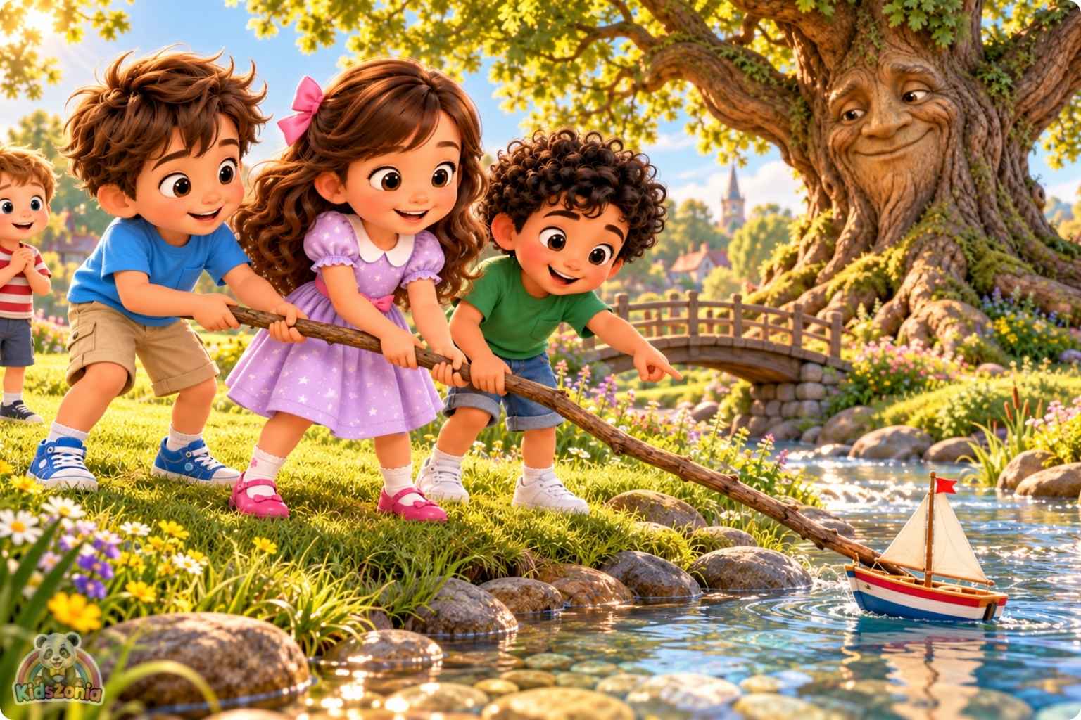 Mia, Leo, and Sami listening to a friendly magical talking oak tree in a sunny village park in The Tree That Could Tell Stories.