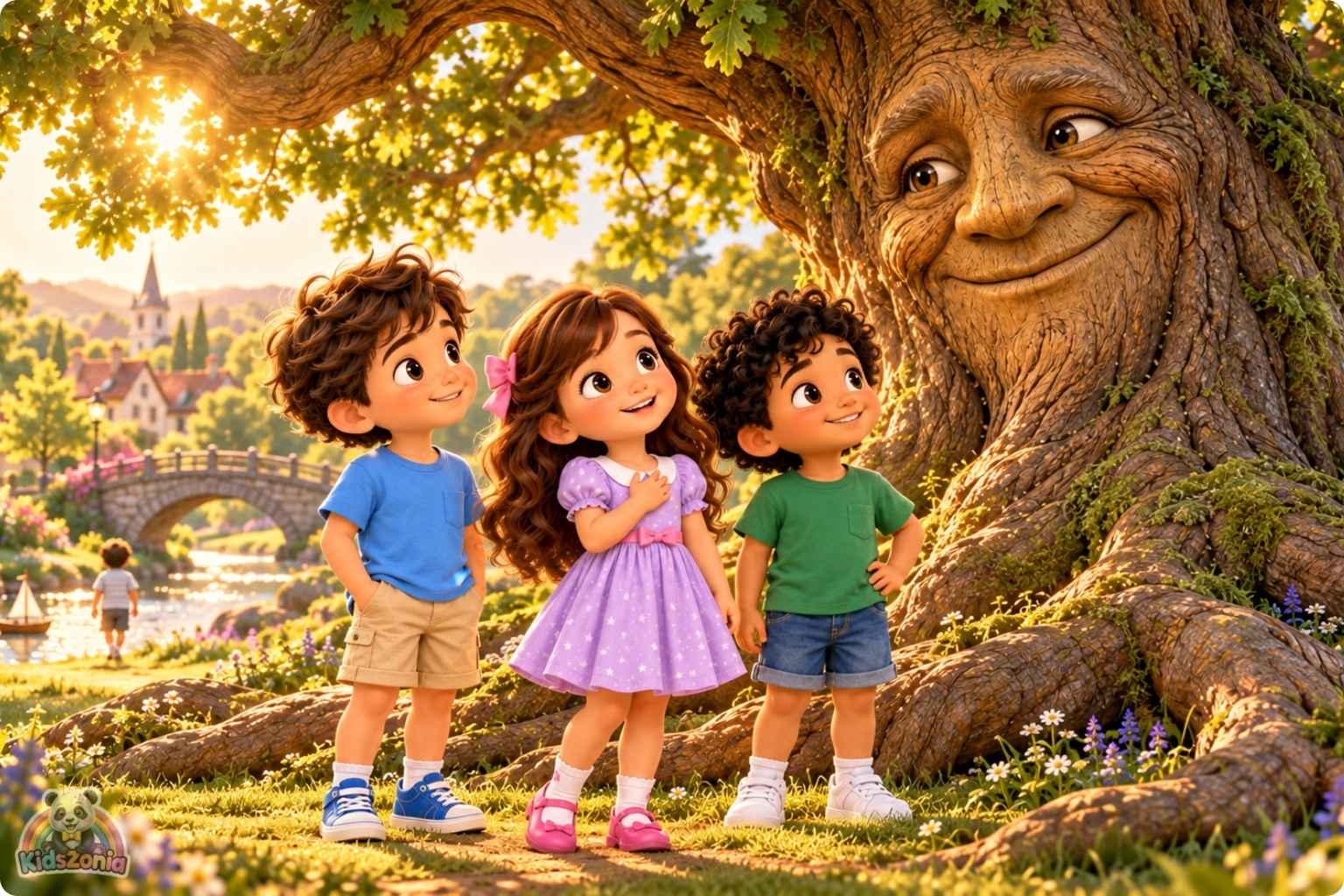 Mia, Leo, and Sami listening to a friendly magical talking oak tree in a sunny village park in The Tree That Could Tell Stories.