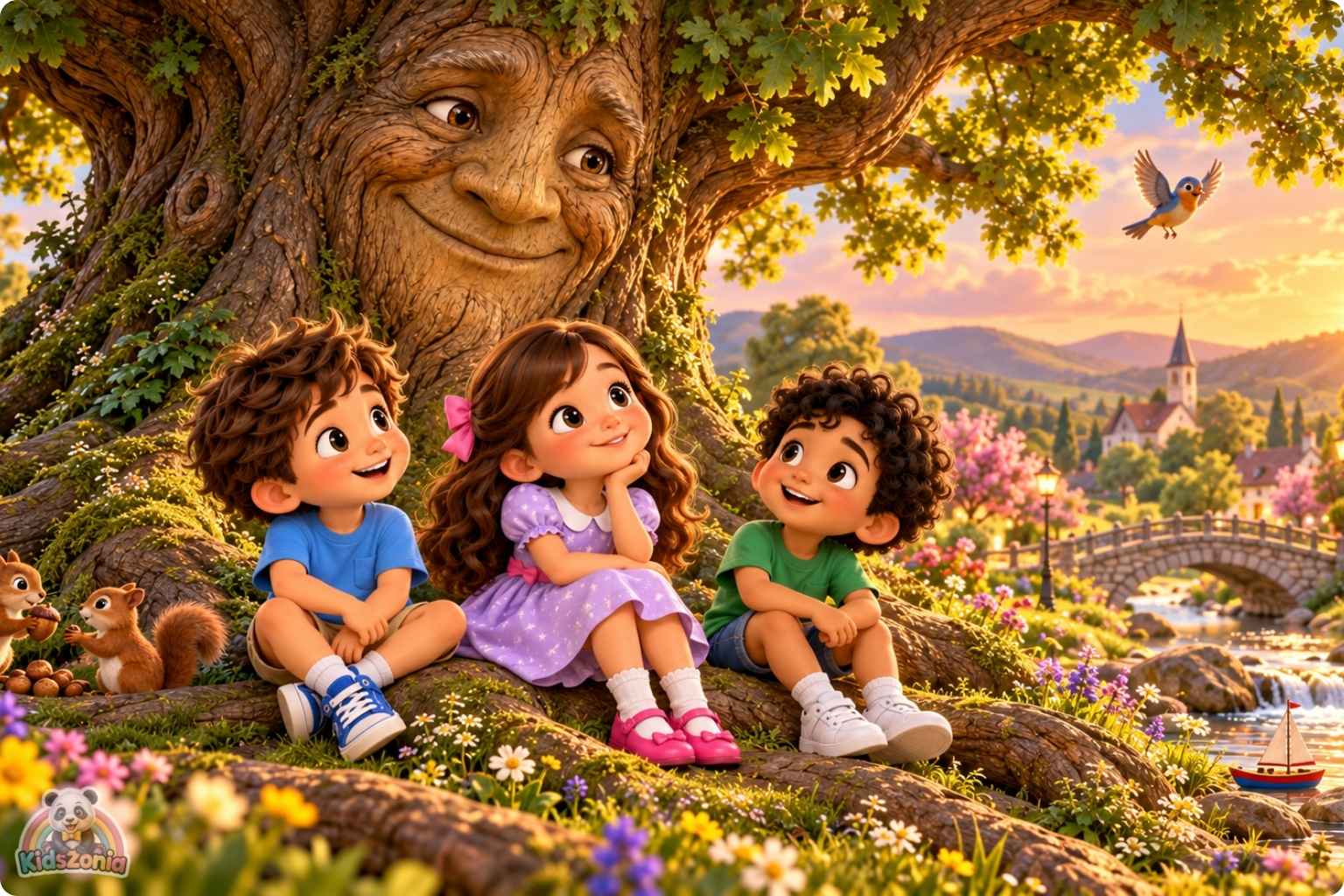 Mia, Leo, and Sami listening to a friendly magical talking oak tree in a sunny village park in The Tree That Could Tell Stories.