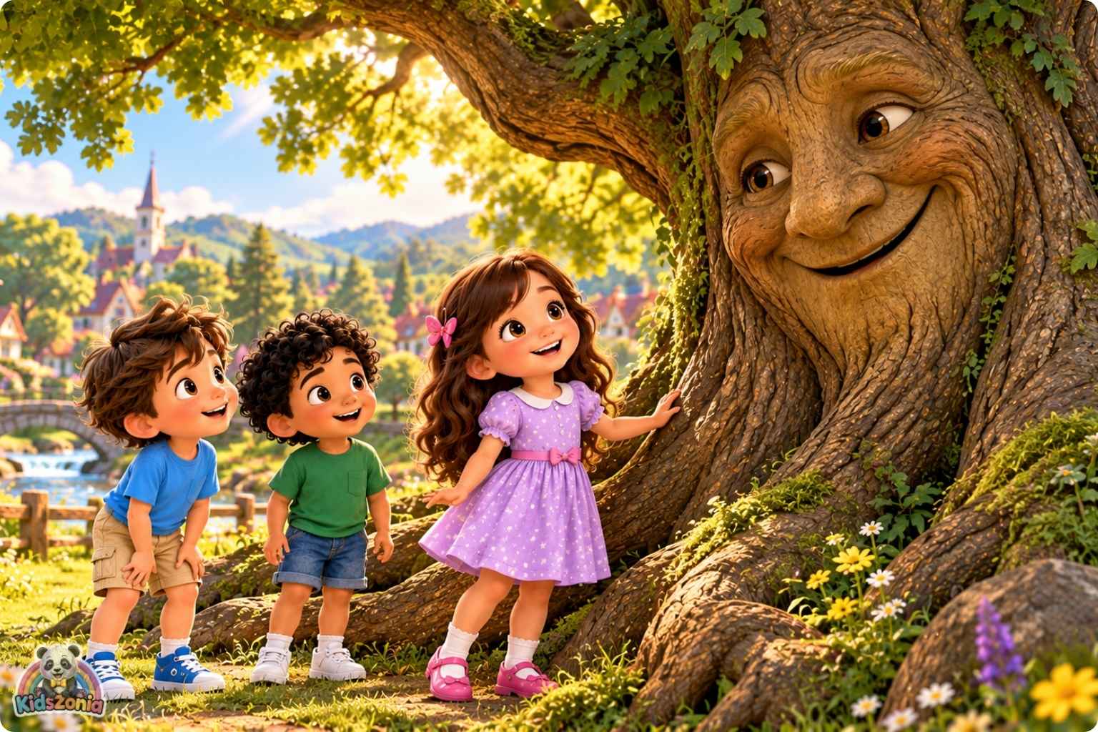 Mia, Leo, and Sami listening to a friendly magical talking oak tree in a sunny village park in The Tree That Could Tell Stories.
