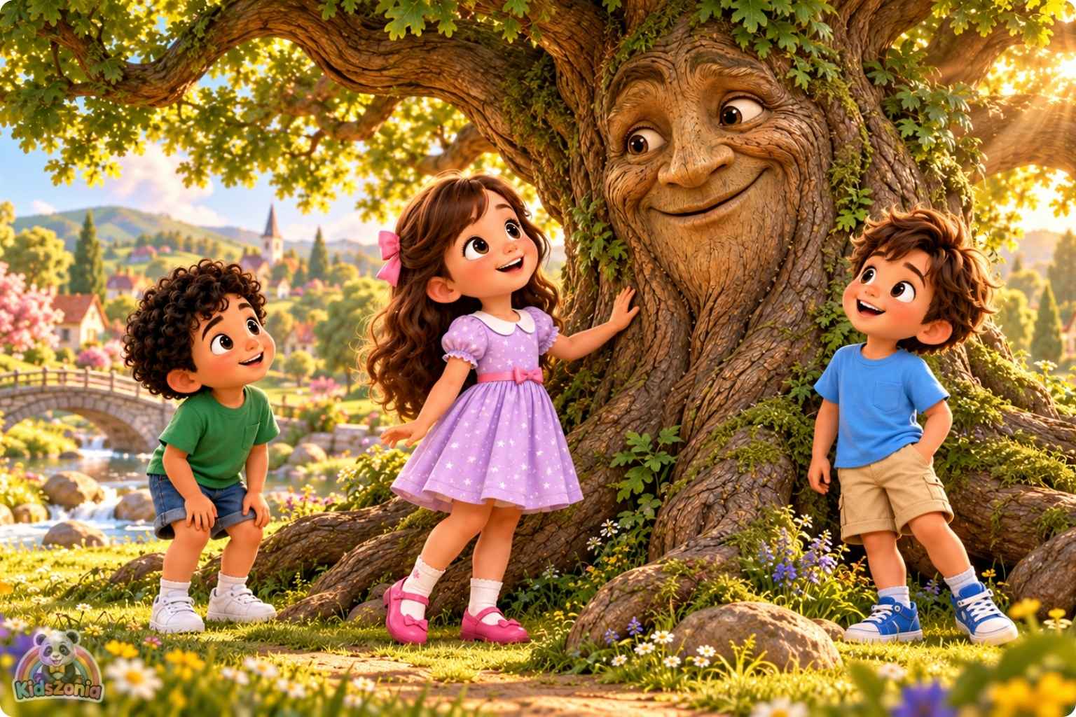 Mia, Leo, and Sami listening to a friendly magical talking oak tree in a sunny village park in The Tree That Could Tell Stories.