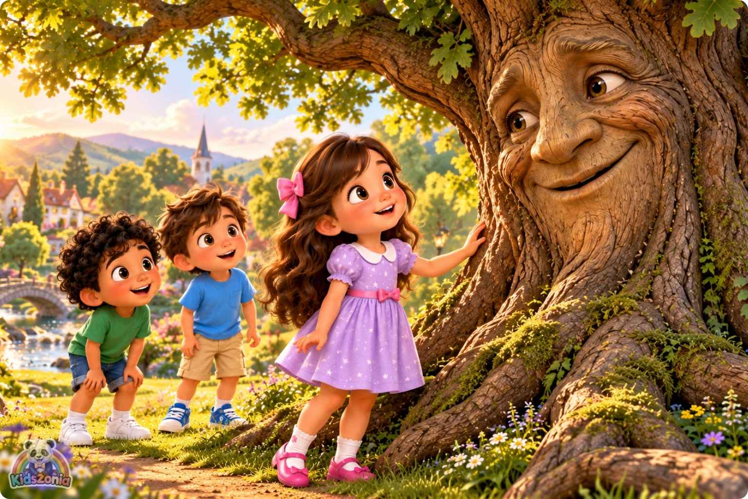 Mia, Leo, and Sami listening to a friendly magical talking oak tree in a sunny village park in The Tree That Could Tell Stories.