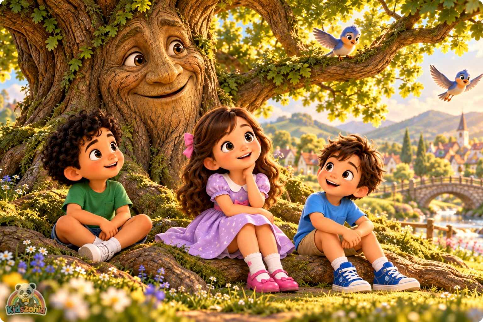 Mia, Leo, and Sami listening to a friendly magical talking oak tree in a sunny village park in The Tree That Could Tell Stories.