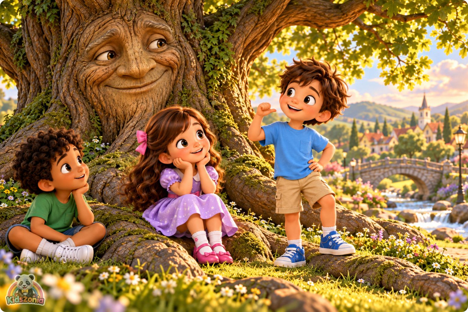 Mia, Leo, and Sami listening to a friendly magical talking oak tree in a sunny village park in The Tree That Could Tell Stories.