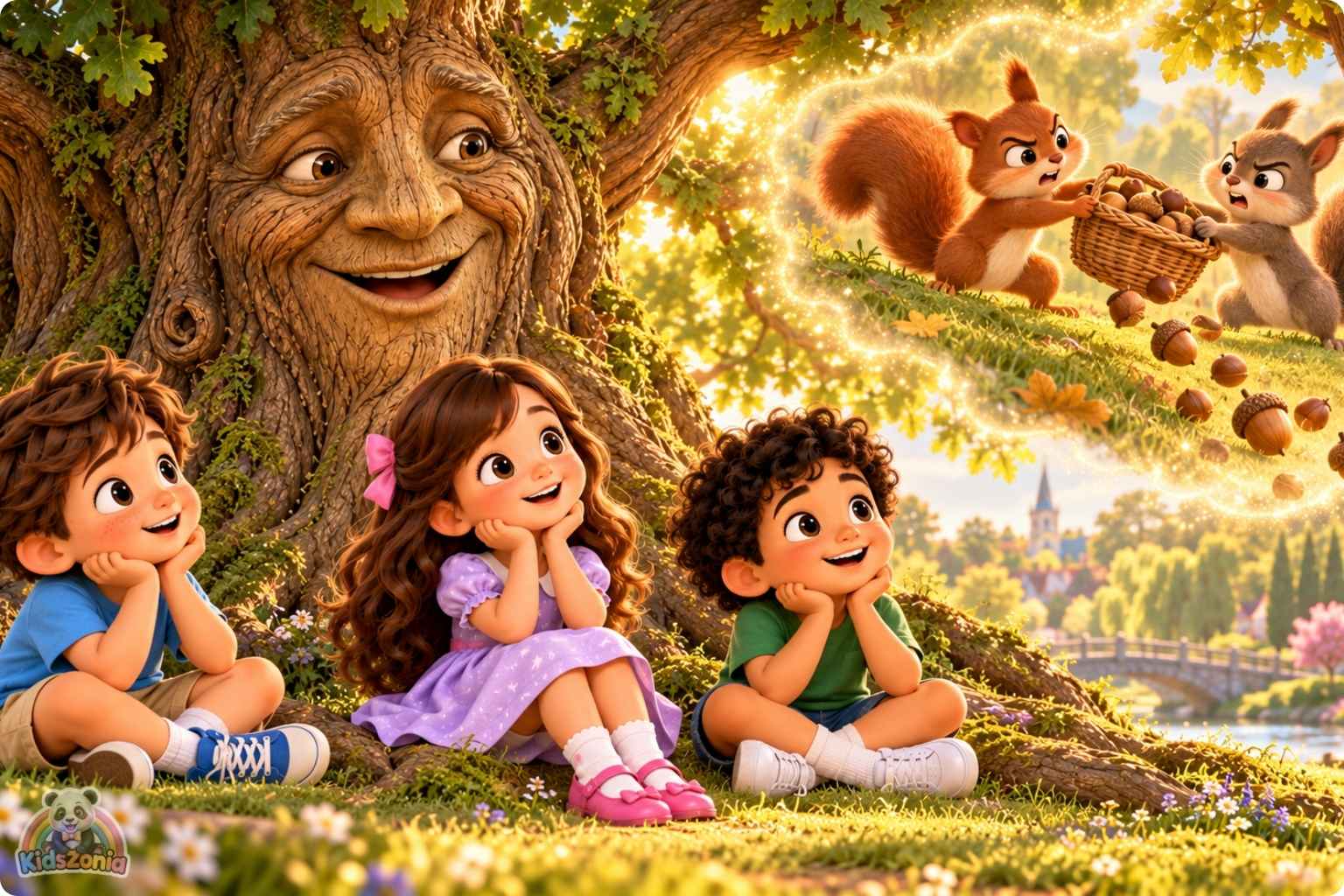 Mia, Leo, and Sami listening to a friendly magical talking oak tree in a sunny village park in The Tree That Could Tell Stories.
