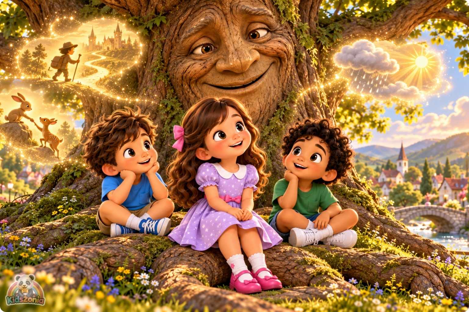 Mia, Leo, and Sami listening to a friendly magical talking oak tree in a sunny village park in The Tree That Could Tell Stories.