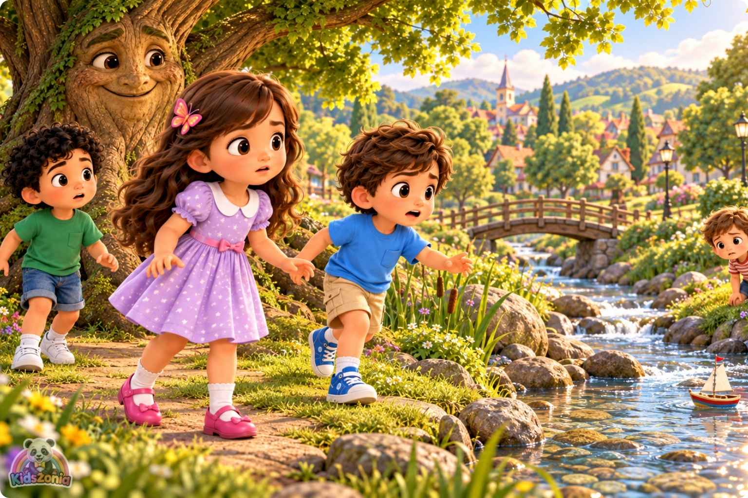 Mia, Leo, and Sami listening to a friendly magical talking oak tree in a sunny village park in The Tree That Could Tell Stories.