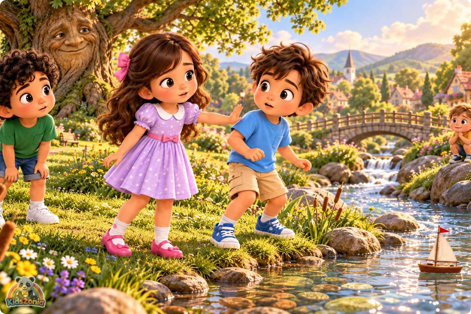 Mia, Leo, and Sami listening to a friendly magical talking oak tree in a sunny village park in The Tree That Could Tell Stories.