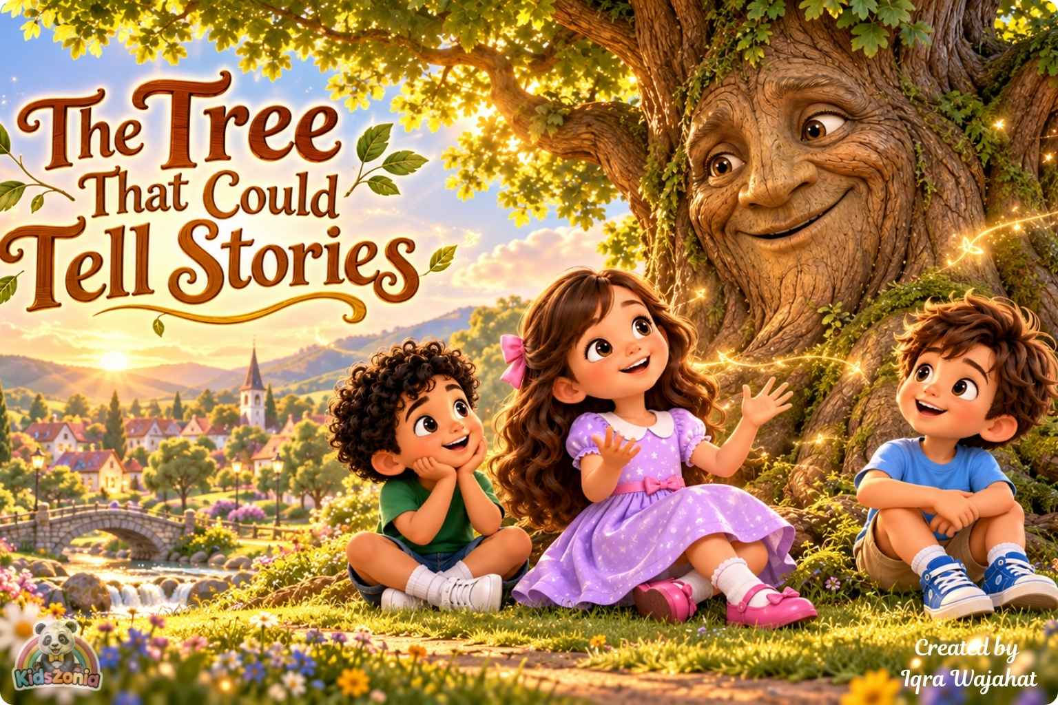 Mia, Leo, and Sami listening to a friendly magical talking oak tree in a sunny village park in The Tree That Could Tell Stories.